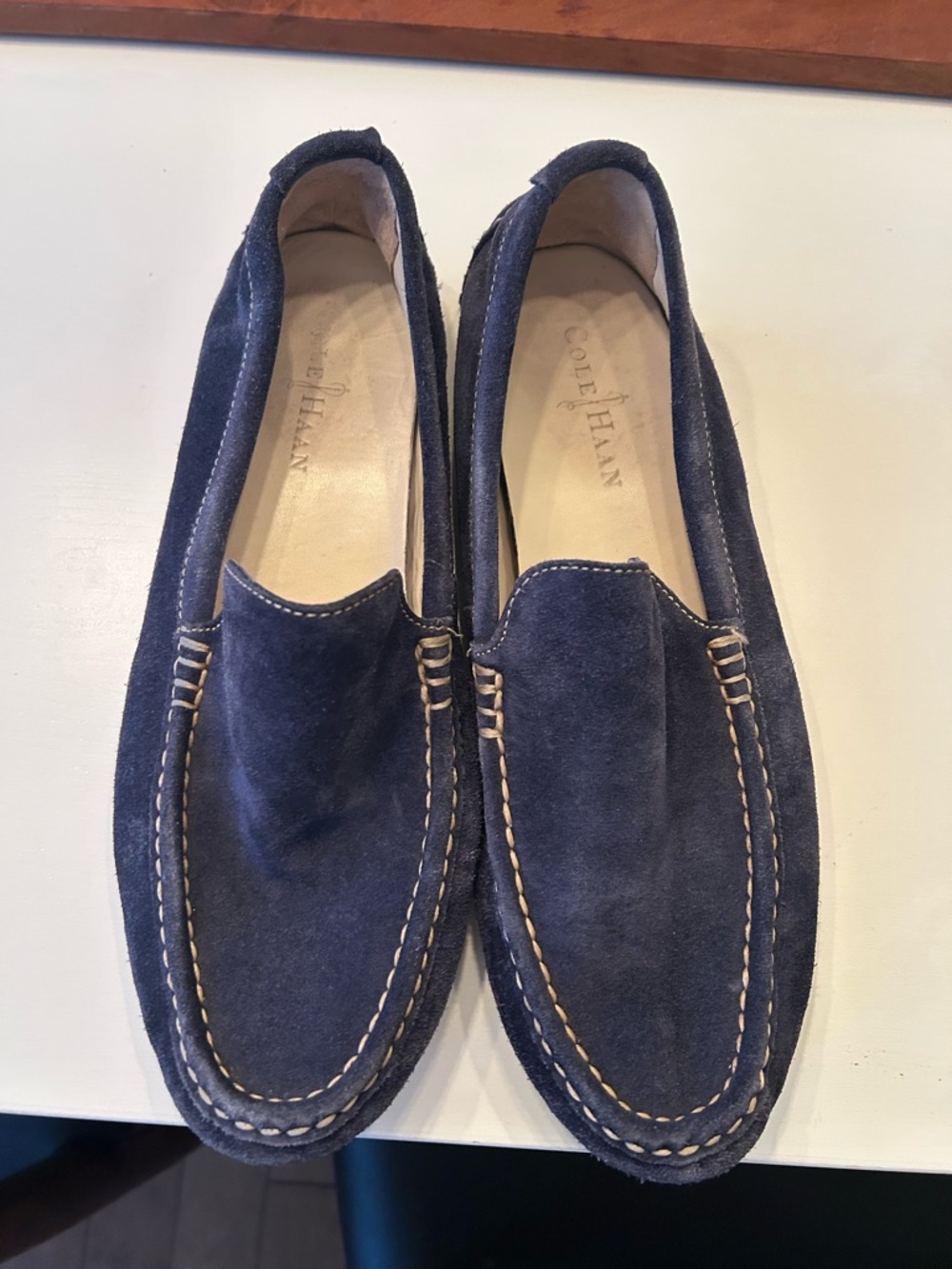 Cole Haan Navy Suede Slip-On Loafers with Contrast Stitching